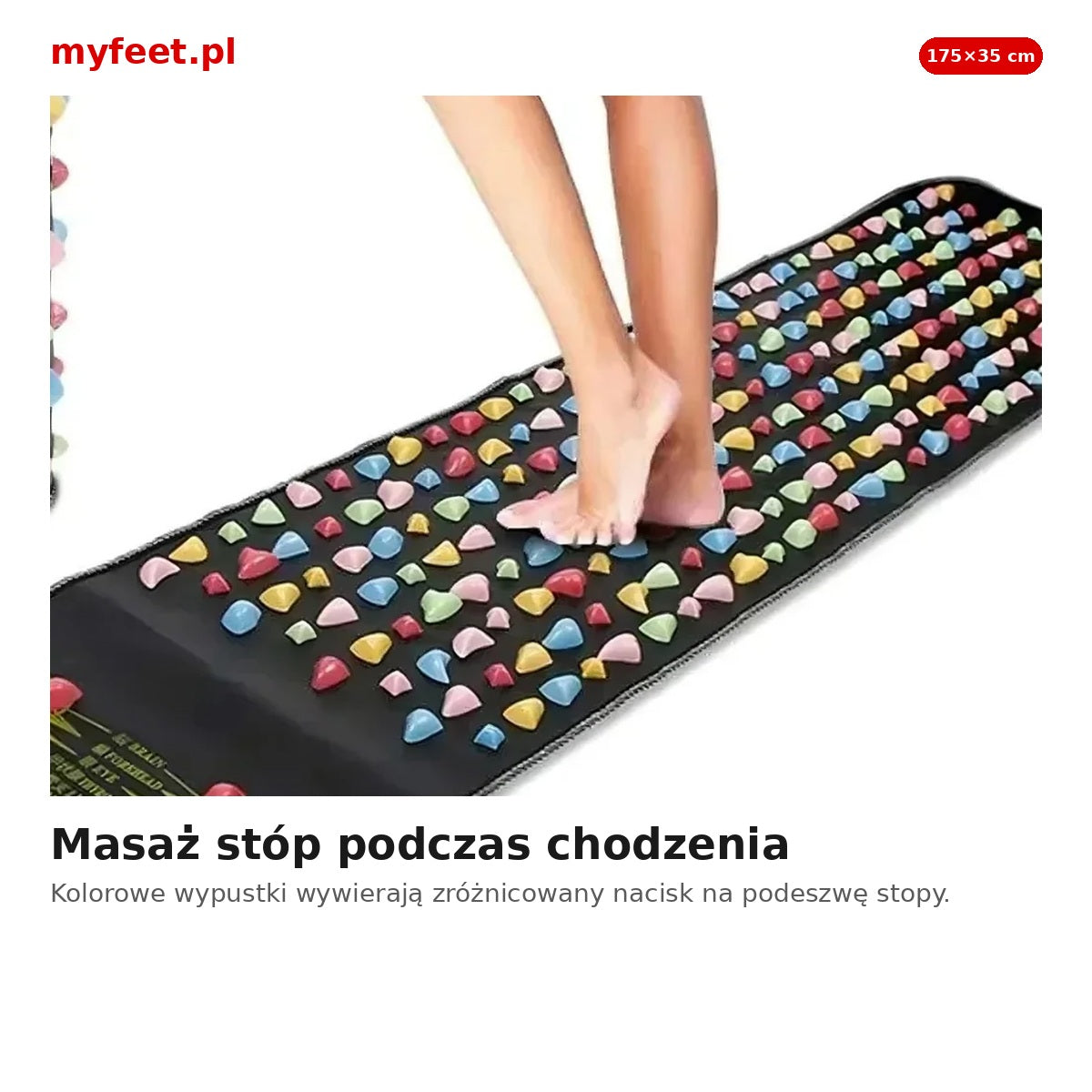Mata akupresurowa podczas masażu stóp – osoba stojąca na kolorowych wypustkach