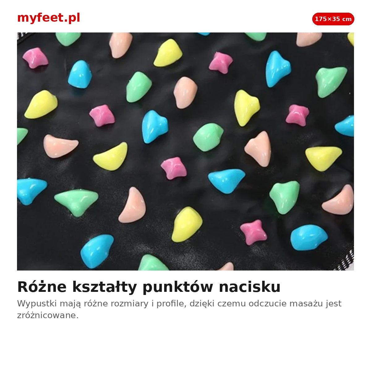 Kolorowe wypustki maty akupresurowej – zbliżenie różnych kształtów punktów nacisku