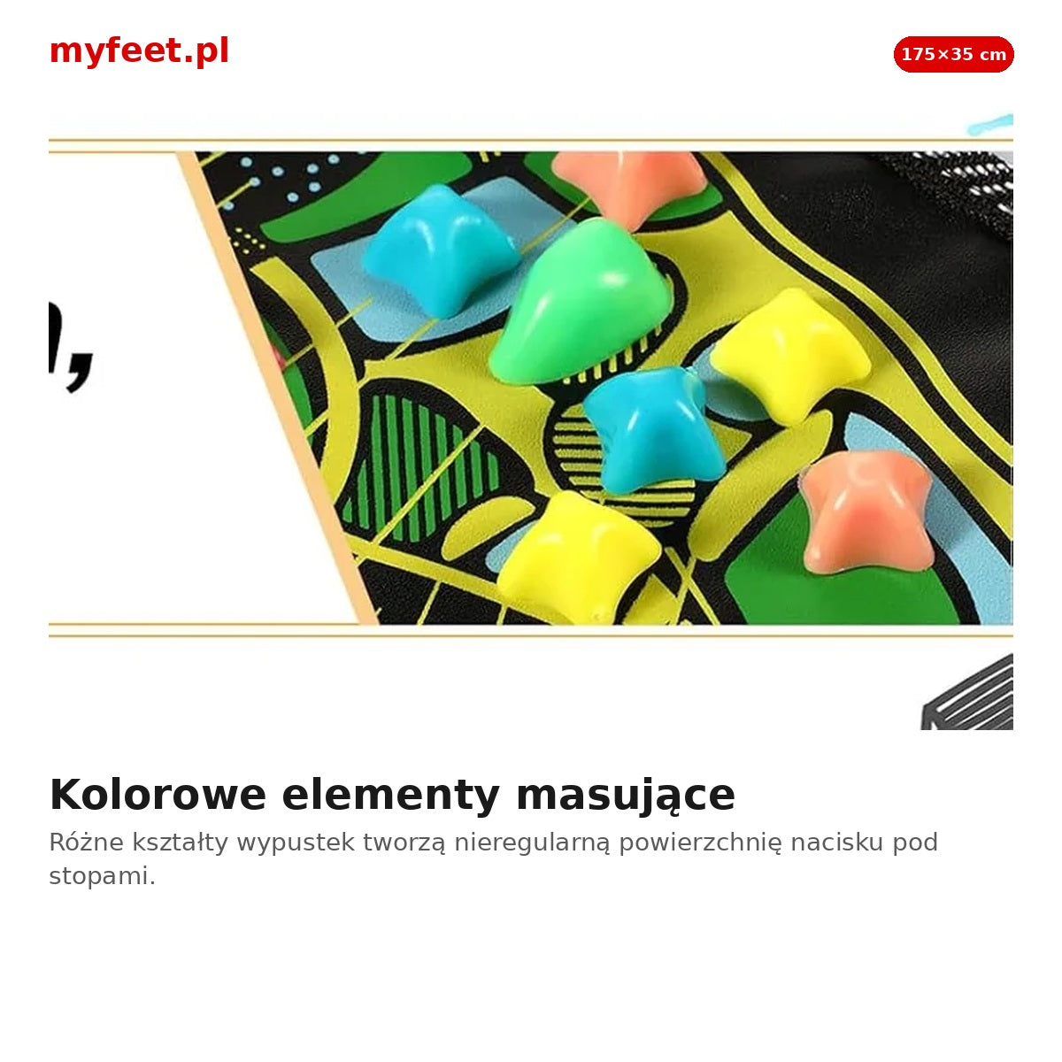 Kolorowe elementy masujące maty do stóp – różne kształty wypustek