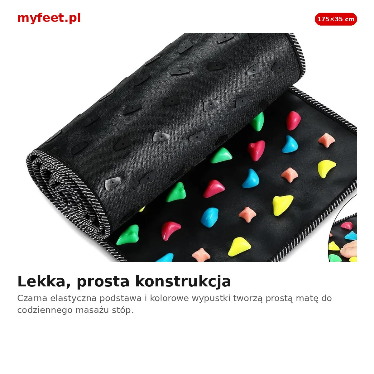 Konstrukcja czarnej maty do akupresury z kolorowymi wypustkami