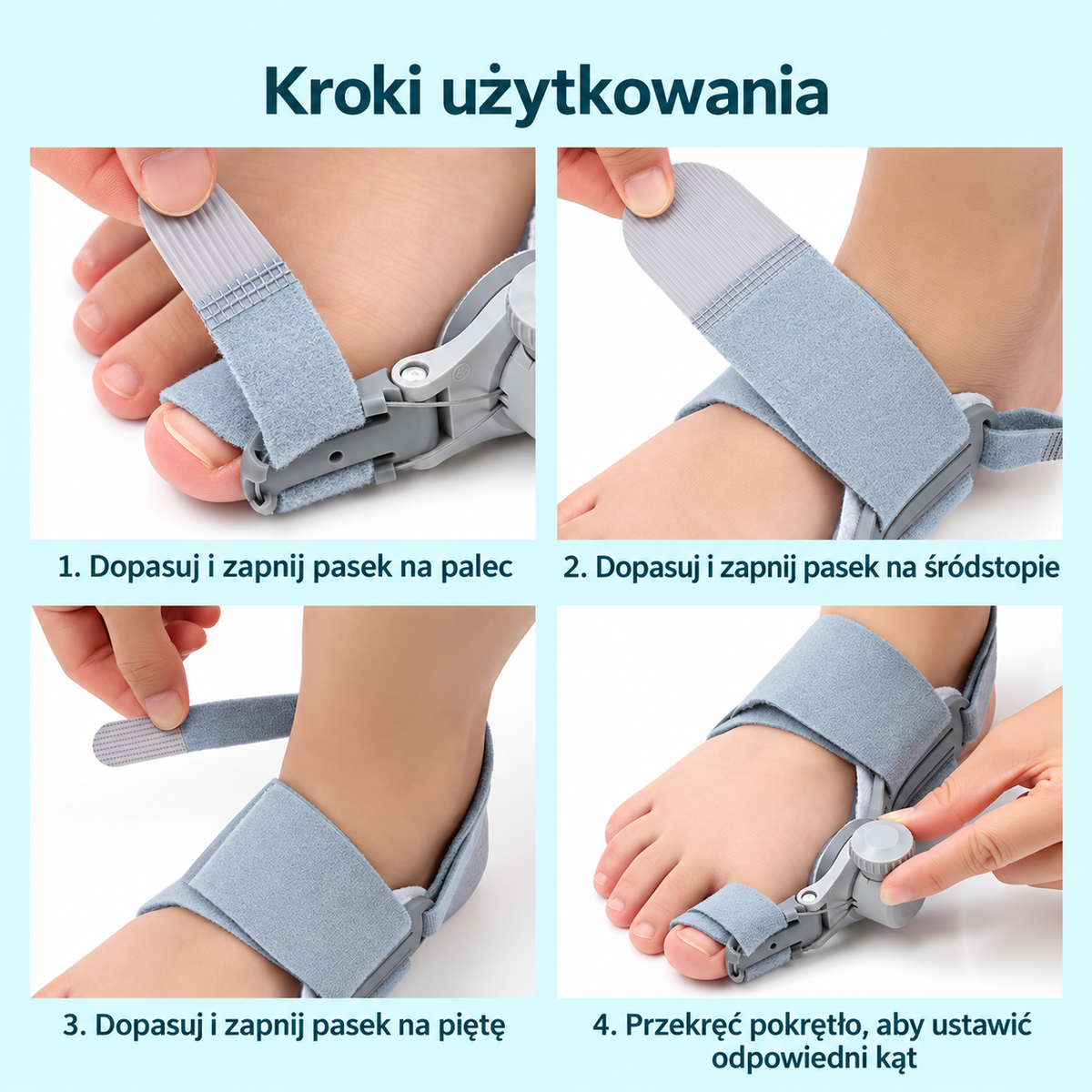 Cztery kroki zakładania regulowanego korektora palucha MyFeet